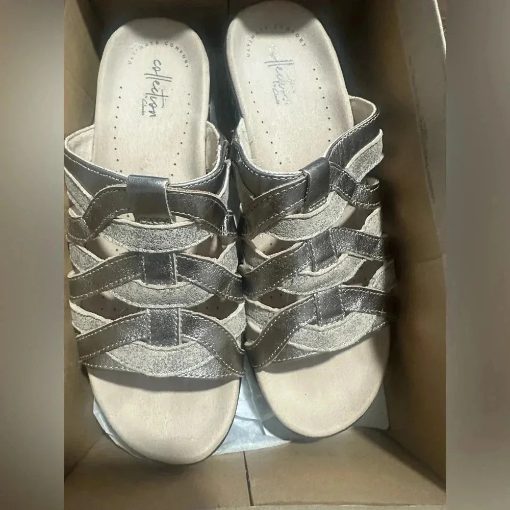 Clarks Metallic Silver Strappy Slide Sandals - Picture 3 of 4
